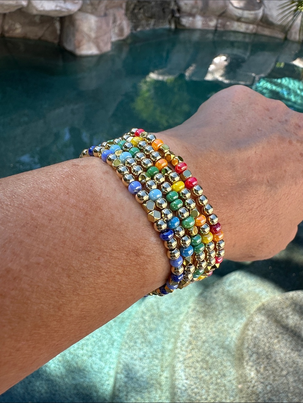 Hand Crafted Multi-Color Beaded Stretch Bracelet Set with Gold Accents